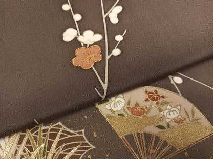 平和屋着物●訪問着　駒刺繍　扇面草花文　暈し染め　金彩　正絹　逸品　AABJ3858ph