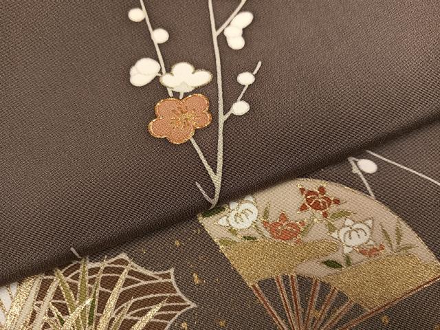 平和屋着物●訪問着　駒刺繍　扇面草花文　暈し染め　金彩　正絹　逸品　AABJ3858ph