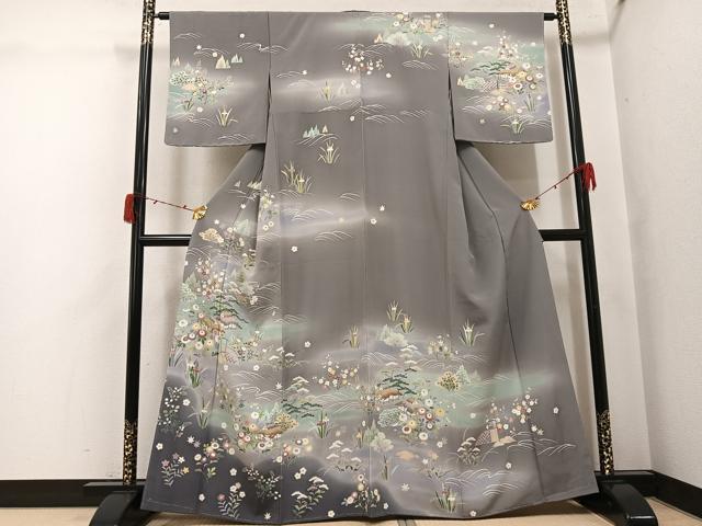 平和屋着物●訪問着　友禅　草花籬風景文　暈し染め　正絹　逸品　未使用　AABJ3863ph