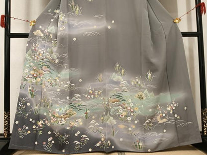 平和屋着物●訪問着　友禅　草花籬風景文　暈し染め　正絹　逸品　未使用　AABJ3863ph