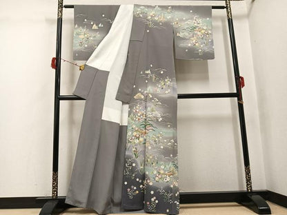 平和屋着物●訪問着　友禅　草花籬風景文　暈し染め　正絹　逸品　未使用　AABJ3863ph
