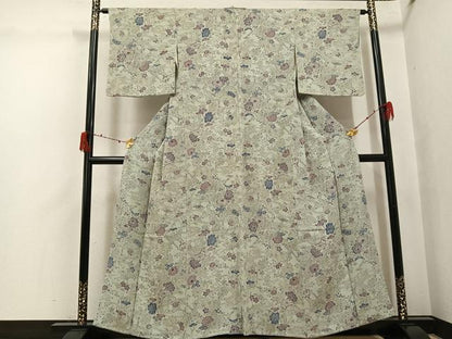 平和屋着物●上質な小紋　型染め　草花文　鬼しぼ縮緬　正絹　逸品　AABJ3865ph