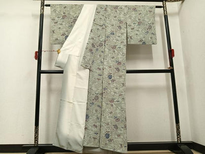 平和屋着物●上質な小紋　型染め　草花文　鬼しぼ縮緬　正絹　逸品　AABJ3865ph