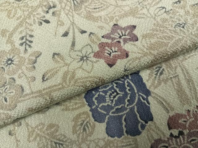 平和屋着物●上質な小紋　型染め　草花文　鬼しぼ縮緬　正絹　逸品　AABJ3865ph