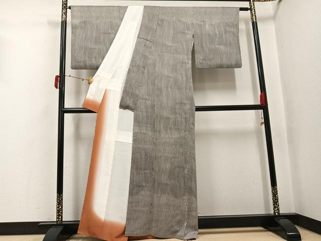 平和屋着物●訪問着　よろけ縞　黒地　正絹　逸品　AABJ3869ph