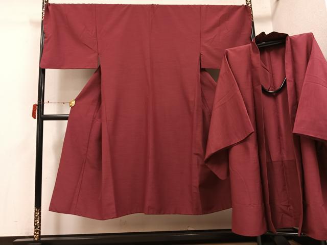 平和屋着物●男性　色無地　アンサンブル　鳶色　洗える着物　AABJ3874ph