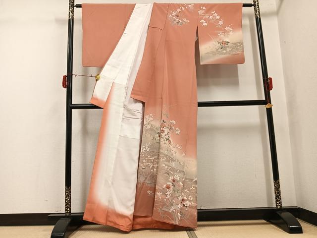 平和屋着物●訪問着　友禅　作家物　飛鶴草花文　暈し染め　金銀彩　正絹　逸品　AABJ3877ph