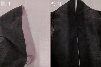 平和屋着物●真綿結城紬　80亀甲　手織り　葡萄蔦の葉文　おく玉　黒地　ロング丈　証紙付き　正絹　逸品　AABJ3880ph