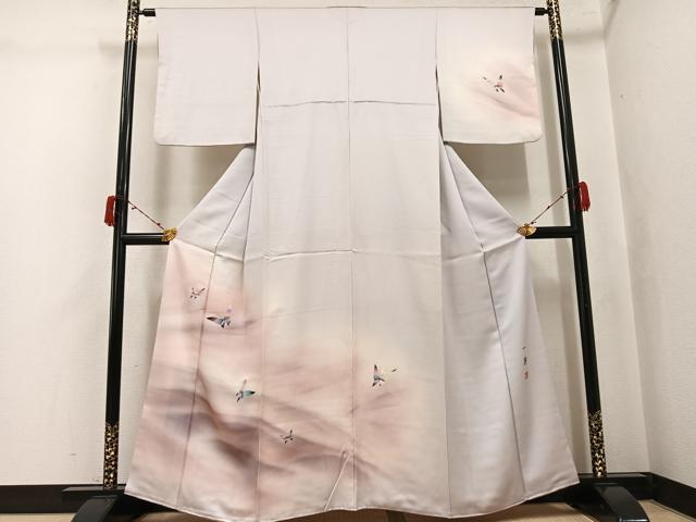 平和屋着物●染色作家　草野一騎　訪問着　舞蝶文　暈し染め　銀彩　正絹　逸品　AABJ3894ph