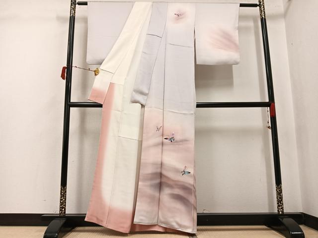 平和屋着物●染色作家　草野一騎　訪問着　舞蝶文　暈し染め　銀彩　正絹　逸品　AABJ3894ph