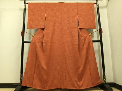 平和屋着物●上質な色無地　麻の葉地紋　赤茶色　正絹　逸品　AABJ3899ph