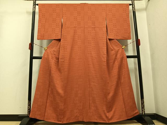 平和屋着物●上質な色無地　麻の葉地紋　赤茶色　正絹　逸品　AABJ3899ph