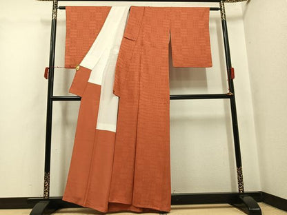平和屋着物●上質な色無地　麻の葉地紋　赤茶色　正絹　逸品　AABJ3899ph