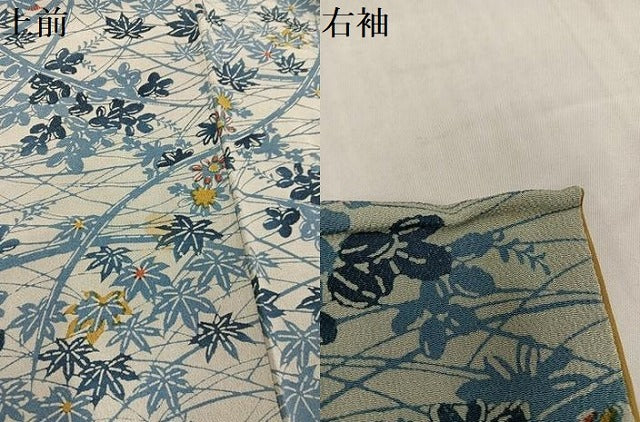 平和屋着物●上質な小紋　藍　型染め　草花文　鬼しぼ縮緬　正絹　逸品　AABJ3905ph