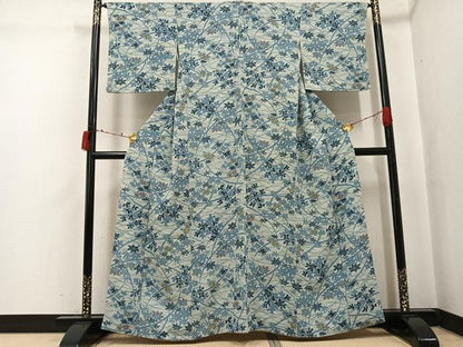 平和屋着物●上質な小紋　藍　型染め　草花文　鬼しぼ縮緬　正絹　逸品　AABJ3905ph
