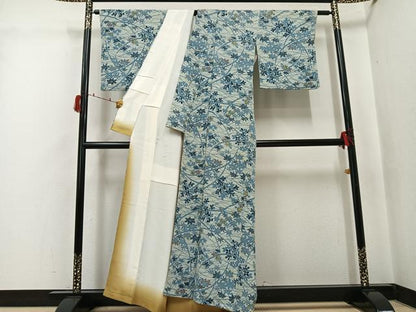 平和屋着物●上質な小紋　藍　型染め　草花文　鬼しぼ縮緬　正絹　逸品　AABJ3905ph