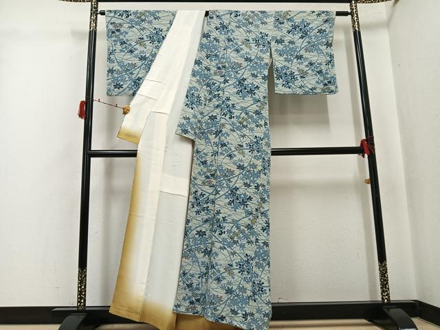 平和屋着物●上質な小紋　藍　型染め　草花文　鬼しぼ縮緬　正絹　逸品　AABJ3905ph