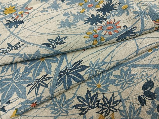 平和屋着物●上質な小紋　藍　型染め　草花文　鬼しぼ縮緬　正絹　逸品　AABJ3905ph