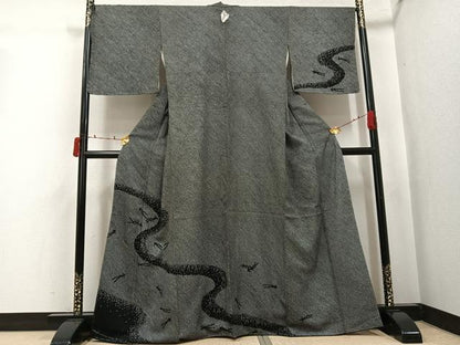 平和屋着物●訪問着　絞り　刺繍　松葉流水文　黒地　金糸　正絹　逸品　未使用　AABJ3911ph