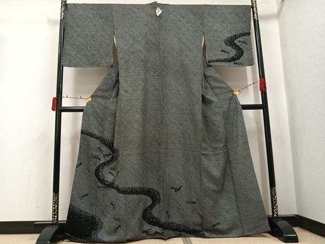 平和屋着物●訪問着　絞り　刺繍　松葉流水文　黒地　金糸　正絹　逸品　未使用　AABJ3911ph