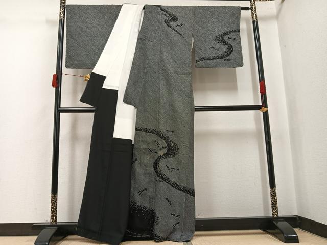 平和屋着物●訪問着　絞り　刺繍　松葉流水文　黒地　金糸　正絹　逸品　未使用　AABJ3911ph