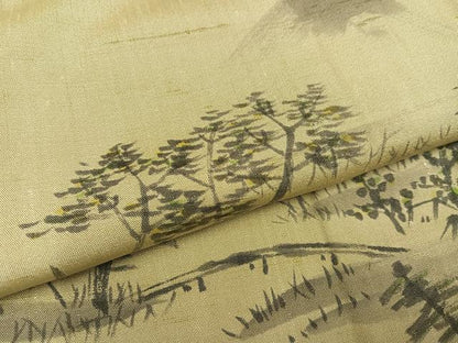 平和屋着物●訪問着　紬地　手描き　遠山風景樹林文　正絹　逸品　AABJ3913ph