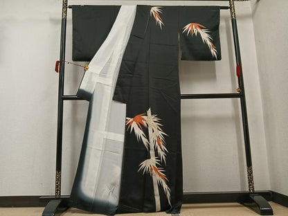 平和屋着物●訪問着　駒刺繍　笹竹文　黒地　金彩　正絹　逸品　未使用　AABJ3919ph