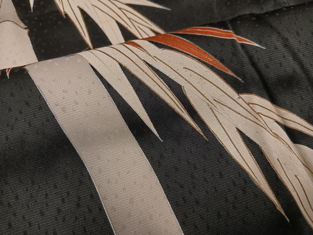 平和屋着物●訪問着　駒刺繍　笹竹文　黒地　金彩　正絹　逸品　未使用　AABJ3919ph