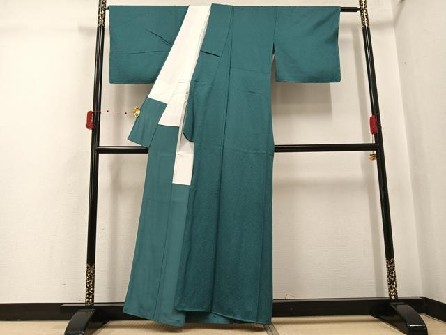 平和屋着物●上質な色無地　舞葉地紋　木賊色　正絹　逸品　AABJ3924ph