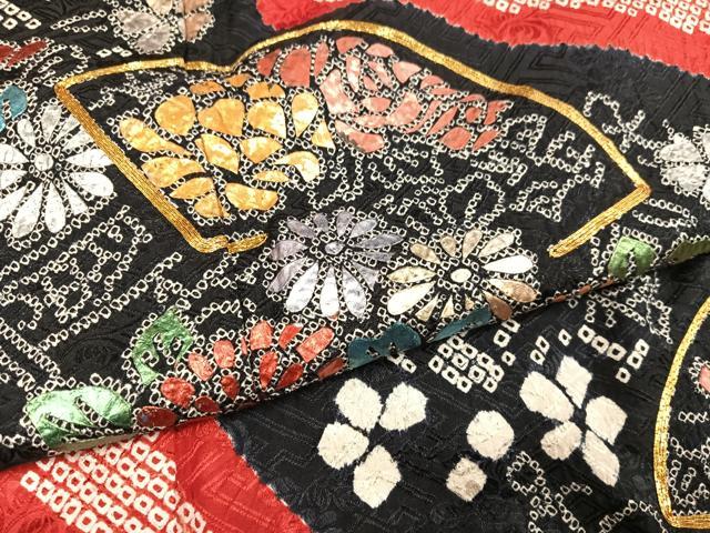 平和屋着物●豪華振袖　駒刺繍　絞り　地紙花文　金彩　正絹　逸品　AABJ3937ph