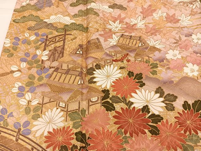 平和屋着物●豪華振袖　風景草花文　金彩　正絹　逸品　AABJ3947ph