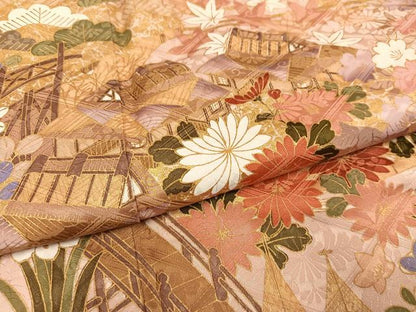 平和屋着物●豪華振袖　風景草花文　金彩　正絹　逸品　AABJ3947ph