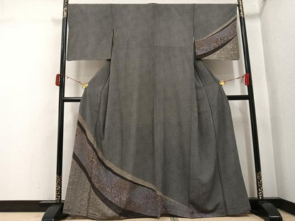 平和屋着物●江戸小紋　訪問着　草花文　黒地　正絹　逸品　未使用　AABJ3951ph