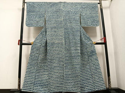 平和屋着物●上質な紬　絞り　藍　横段文　正絹　逸品　AABJ3958ph