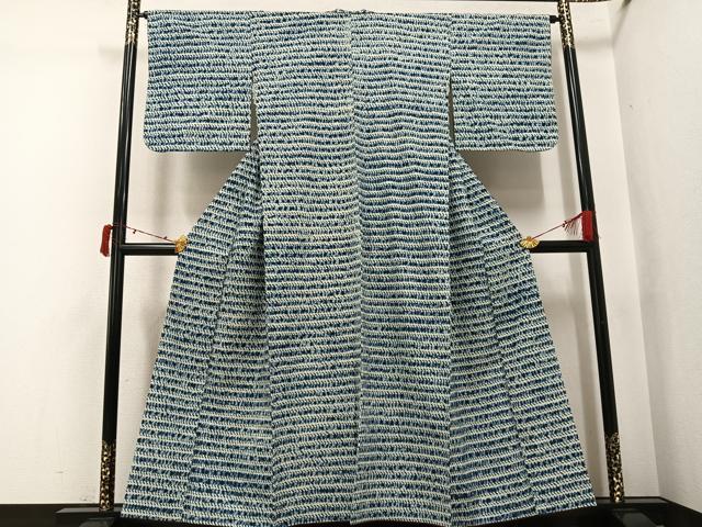 平和屋着物●上質な紬　絞り　藍　横段文　正絹　逸品　AABJ3958ph