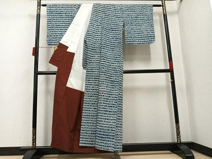 平和屋着物●上質な紬　絞り　藍　横段文　正絹　逸品　AABJ3958ph