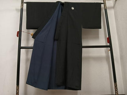 平和屋着物●男性　黒紋付・羽織セット　正絹　逸品　AABJ3959ph
