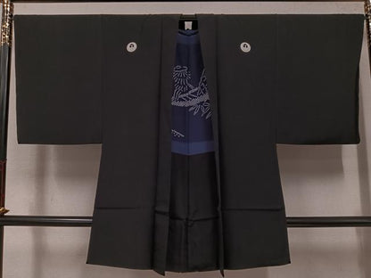 平和屋着物●男性　黒紋付・羽織セット　正絹　逸品　AABJ3959ph