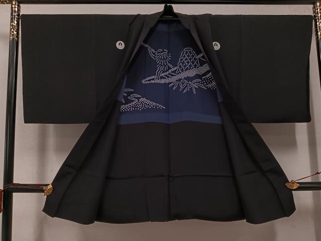 平和屋着物●男性　黒紋付・羽織セット　正絹　逸品　AABJ3959ph