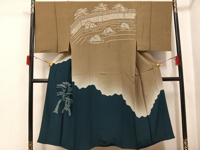 平和屋着物●男性　長襦袢　袷　絞り　風景文　暈し染め　正絹　逸品　AABJ3964ph