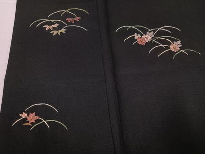 平和屋着物●訪問着　総刺繍　草花文　黒地　金糸　正絹　逸品　AABJ3967ph