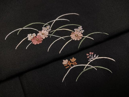 平和屋着物●訪問着　総刺繍　草花文　黒地　金糸　正絹　逸品　AABJ3967ph