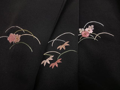 平和屋着物●訪問着　総刺繍　草花文　黒地　金糸　正絹　逸品　AABJ3967ph