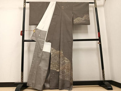 平和屋着物●訪問着　作家物　紬地　草花文　金彩　銀座おゝぎ屋扱い　正絹　逸品　AABJ3969ph