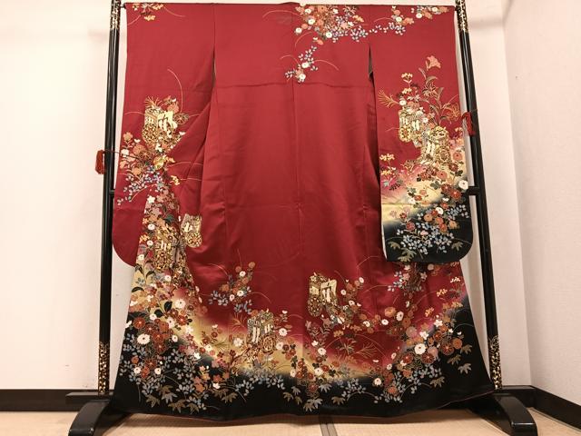 平和屋着物●豪華振袖　御所車花文　暈し染め　金彩　正絹　逸品　AABJ3977ph