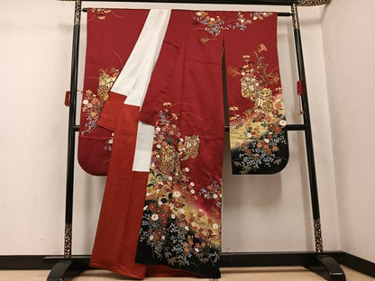 平和屋着物●豪華振袖　御所車花文　暈し染め　金彩　正絹　逸品　AABJ3977ph