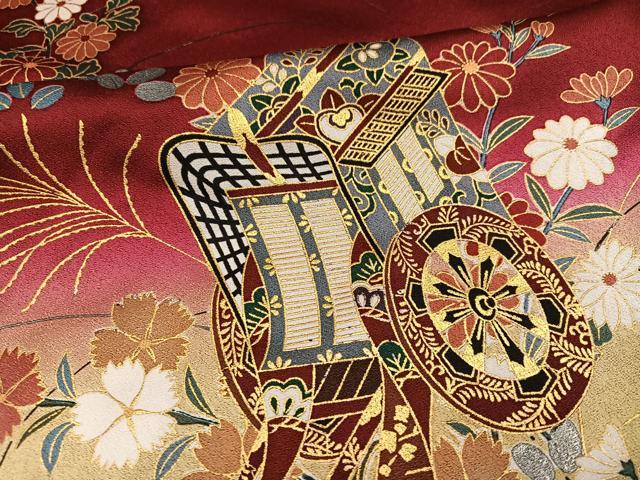 平和屋着物●豪華振袖　御所車花文　暈し染め　金彩　正絹　逸品　AABJ3977ph