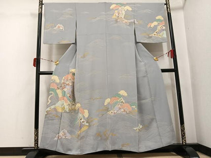 平和屋着物●訪問着　駒刺繍　浜松草花文　金彩　正絹　逸品　AABJ3983ph