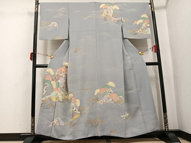 平和屋着物●訪問着　駒刺繍　浜松草花文　金彩　正絹　逸品　AABJ3983ph