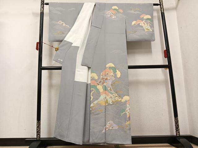 平和屋着物●訪問着　駒刺繍　浜松草花文　金彩　正絹　逸品　AABJ3983ph